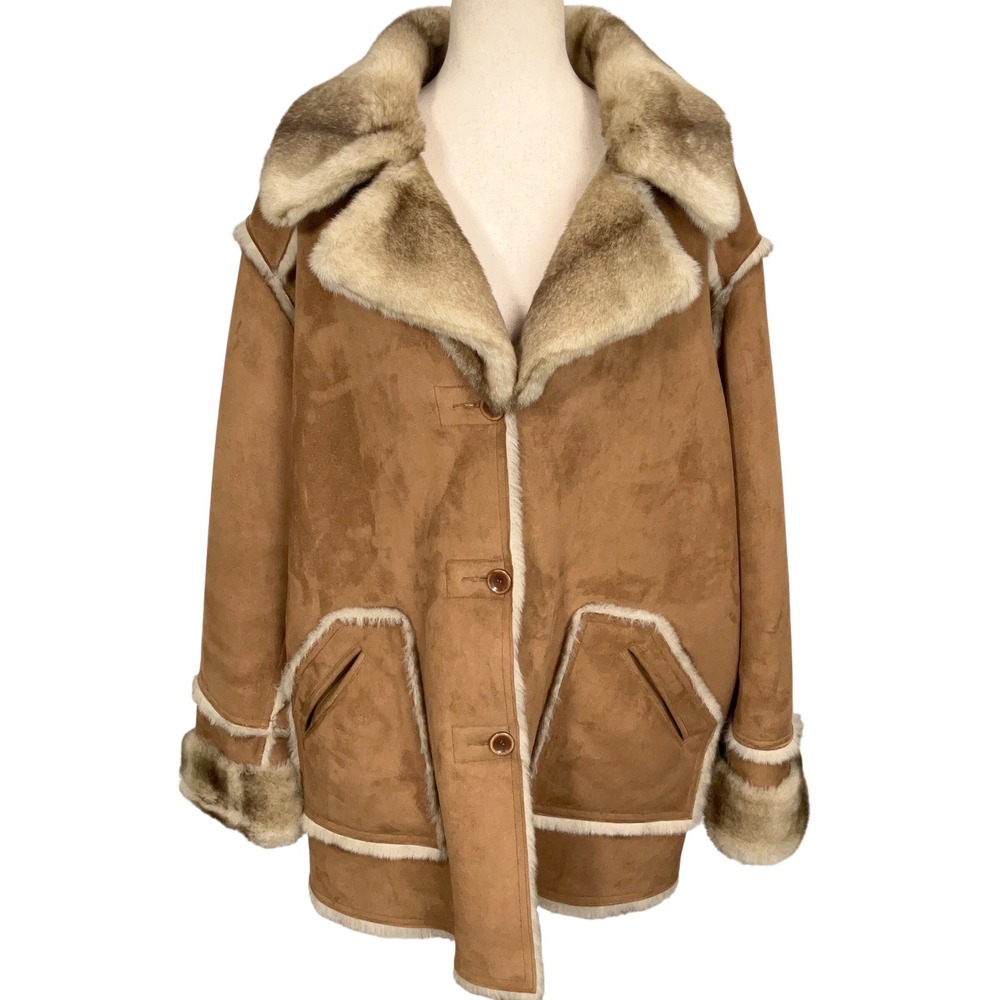 Dennis Basso Coat Women 2X Brown Faux Suede Shearling Style Cabin Winter Jacket